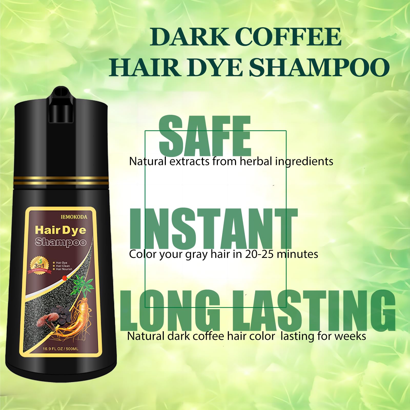 Instant Herbal Dye/Color Shampoo 3 in 1 for Gray Hair - for Women & Men, Natural, Easy to Use & Long Lasting Black Shampoo 500ml (Dark Coffee)