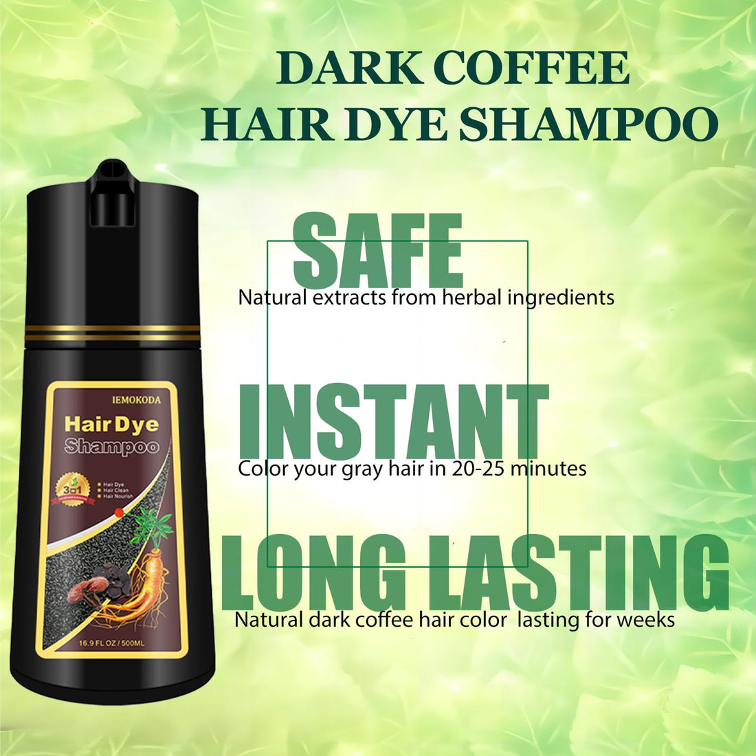 Instant Herbal Dye/Color Shampoo 3 in 1 for Gray Hair - for Women & Men, Natural, Easy to Use & Long Lasting Black Shampoo 500ml (Dark Coffee)