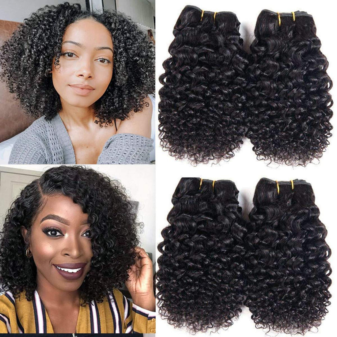 Brazilian Hair 4 Bundles 10 Inch Short Kinky Curly Human Hair Extension 10A Brazilian Curly Hair Weave Unprocessed Natural Color Virgin Kinky Curly Hair Bundles 50g/pc Total 200g(10 10 10 10)