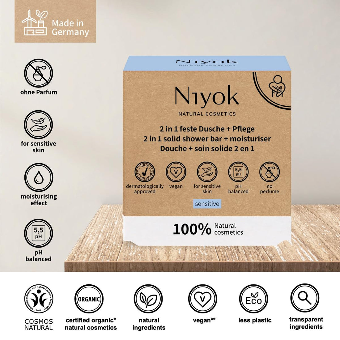 Niyok Natural Cosmetics 2-in-1 Solid Shower Bar + Moisturizer, Sensitive Formula, 80g