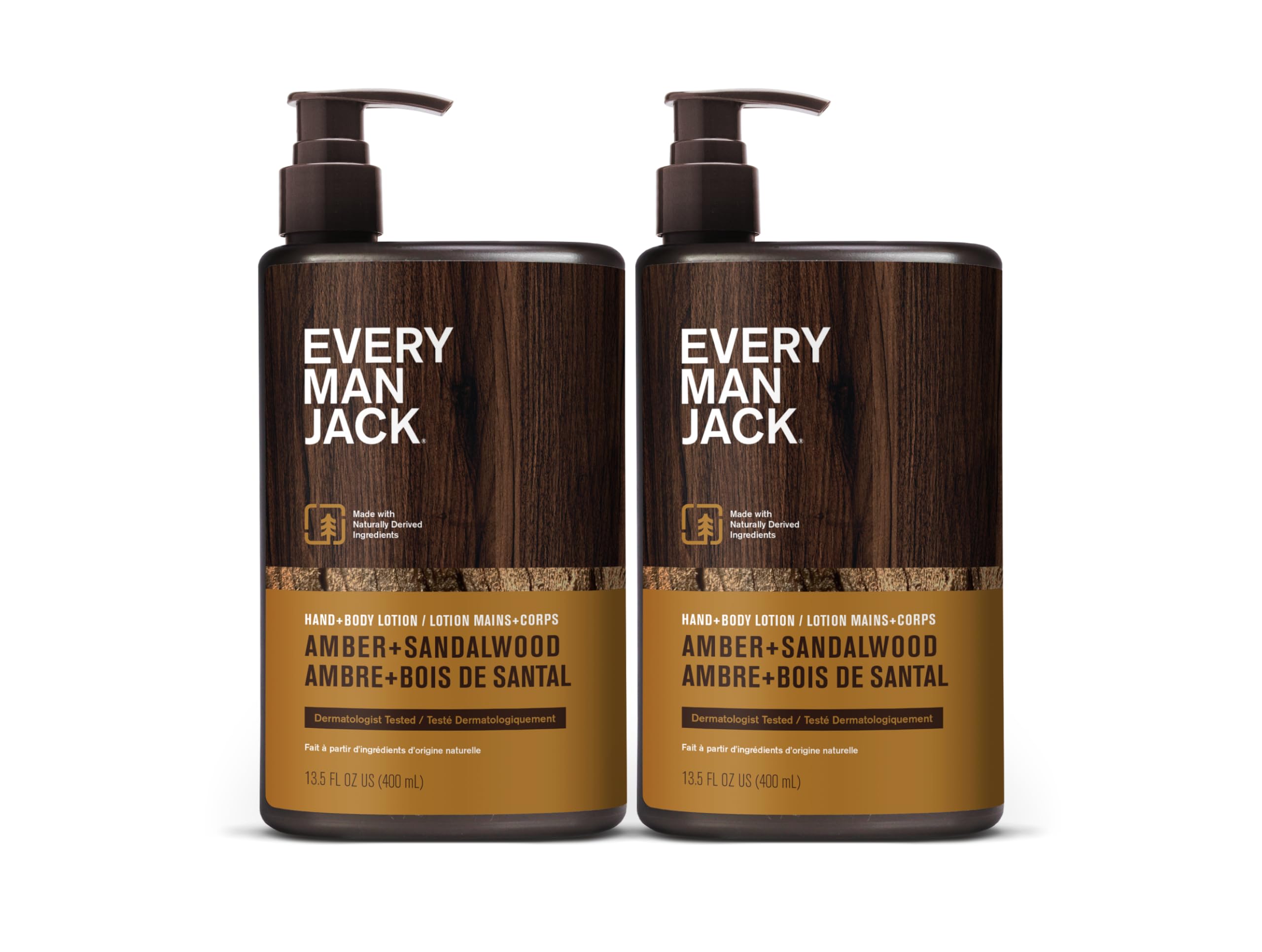 Every Man Jack Mens Amber + Sandalwood Hand & Body Lotion for All Skin Types - Dermatologist Tested & Hypoallergenic - Nourish Skin with Lightweight Fast Absorbing Lotion - 13.5oz 2 Bottles