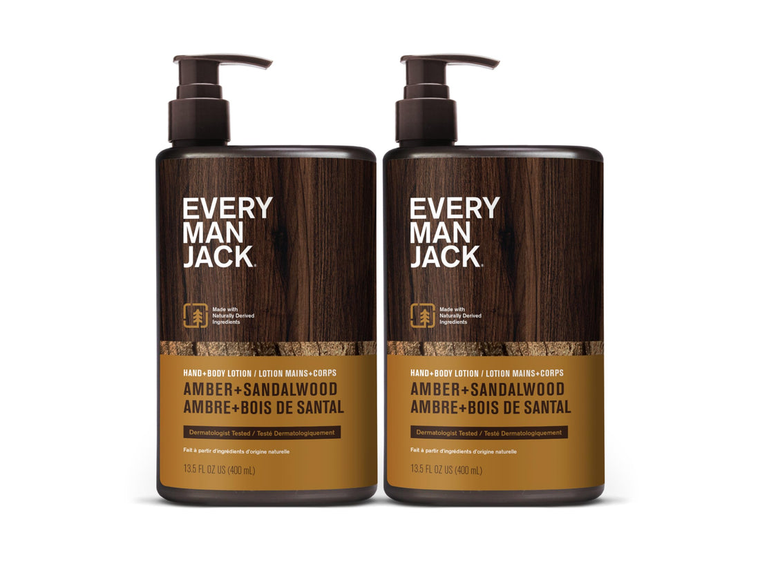 Every Man Jack Mens Amber + Sandalwood Hand & Body Lotion for All Skin Types - Dermatologist Tested & Hypoallergenic - Nourish Skin with Lightweight Fast Absorbing Lotion - 13.5oz 2 Bottles