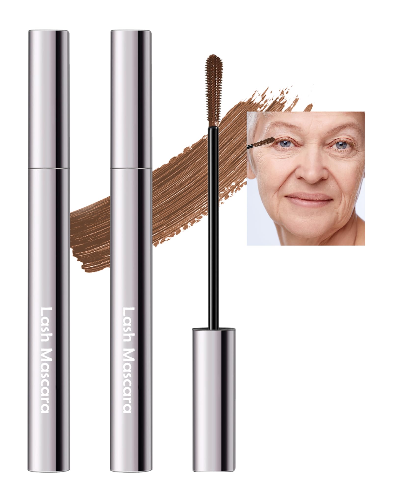 Brown Mascara for Older Women 60 Plus- 2Pcs Tube Máscara Volume and Length for Mature Women with Thinning Lashes, Hypoallergenic Prime Mascara for Sensitive Eyes, Non Clumping Waterproof Long Lasting