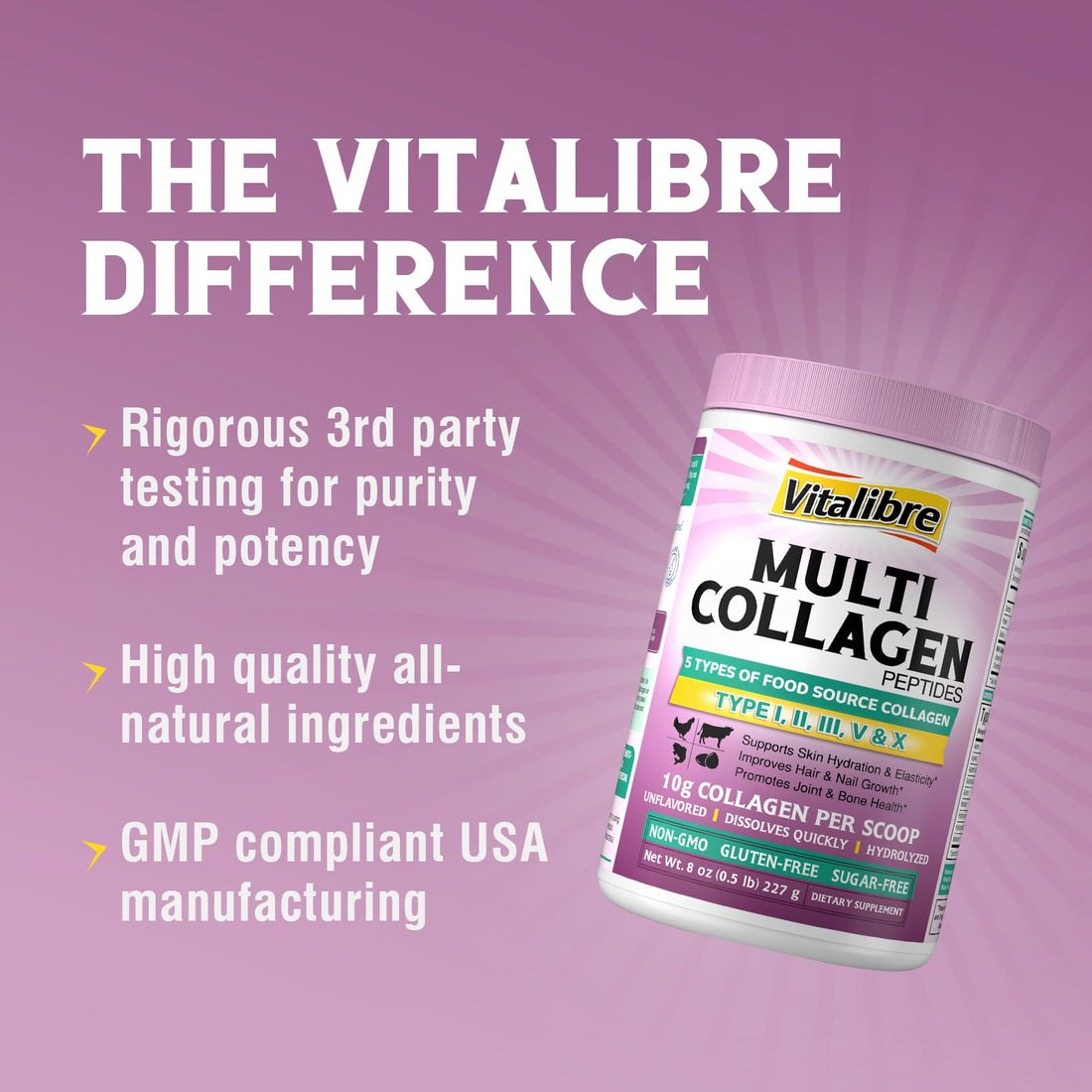 Vitalibre Multi Collagen Peptides Powder Type I II III V X, Hydrolyzed Collagen Protein for Women and Men, Skin, Hair, Nails and Joints, Unflavored, Non-GMO, Keto & GF, Zero Sugar, 22 Servings, 8oz