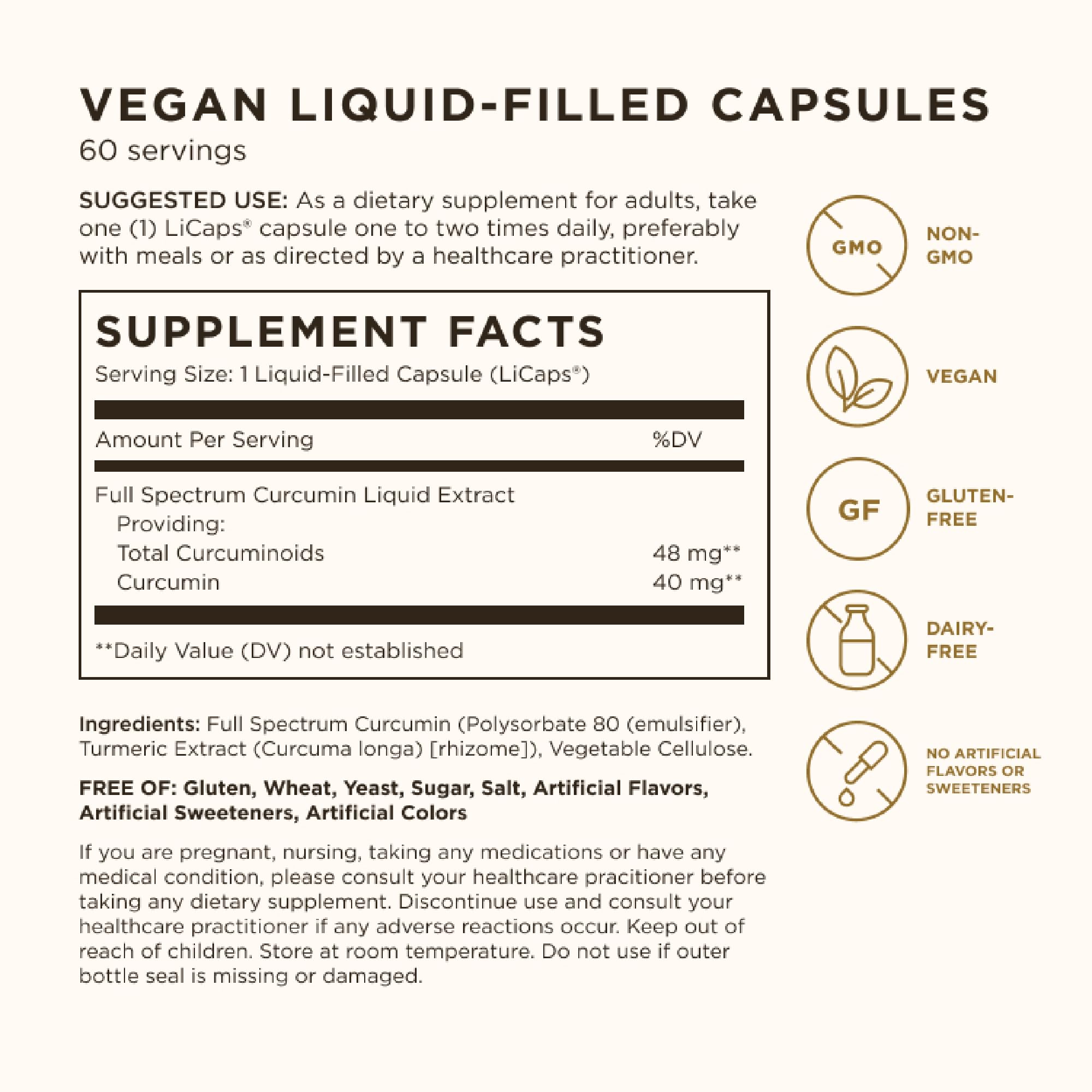 Solgar Full Spectrum Curcumin - 60 LiCaps - Superior Absorption - Brain, Joint & Immune Health - Non-GMO, Vegan, Gluten Free, Dairy Free - 60 Servings