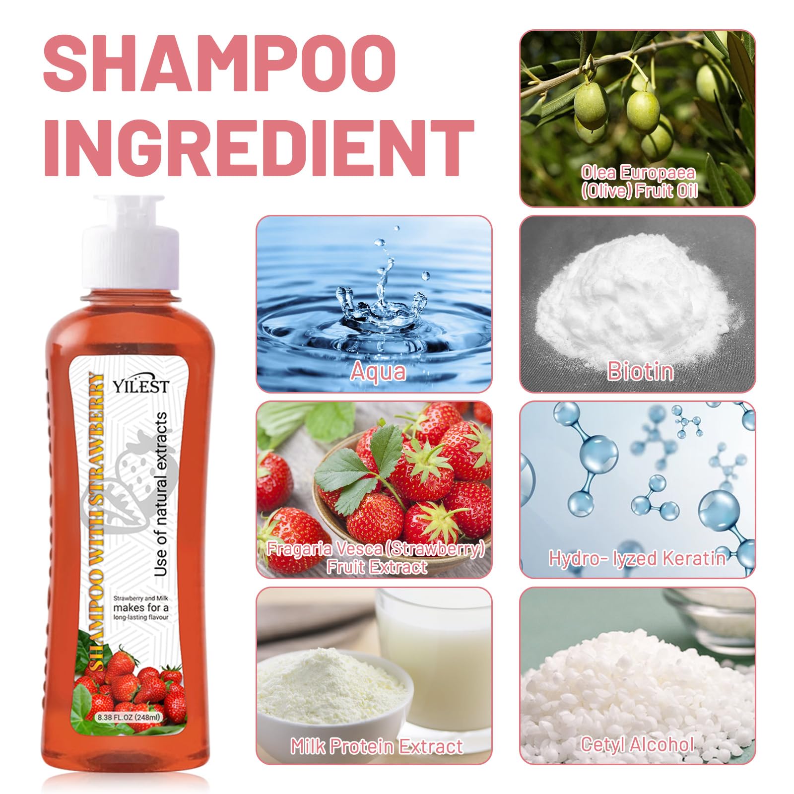 Strawberry & Milk Shampoo & Conditioner Set - Natural Extracts for All Hair Types - Strengthen Hair Roots, Reduce Split Ends & Breakage - 8.38 Fl Oz (248ml) Each - Long-Lasting Fragrance