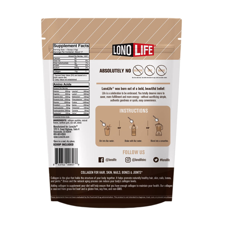 LonoLife - Mocha Collagen Peptides with 10g Protein, Paleo and Keto Friendly, 8-Ounce Bulk Container - Packaging May Vary