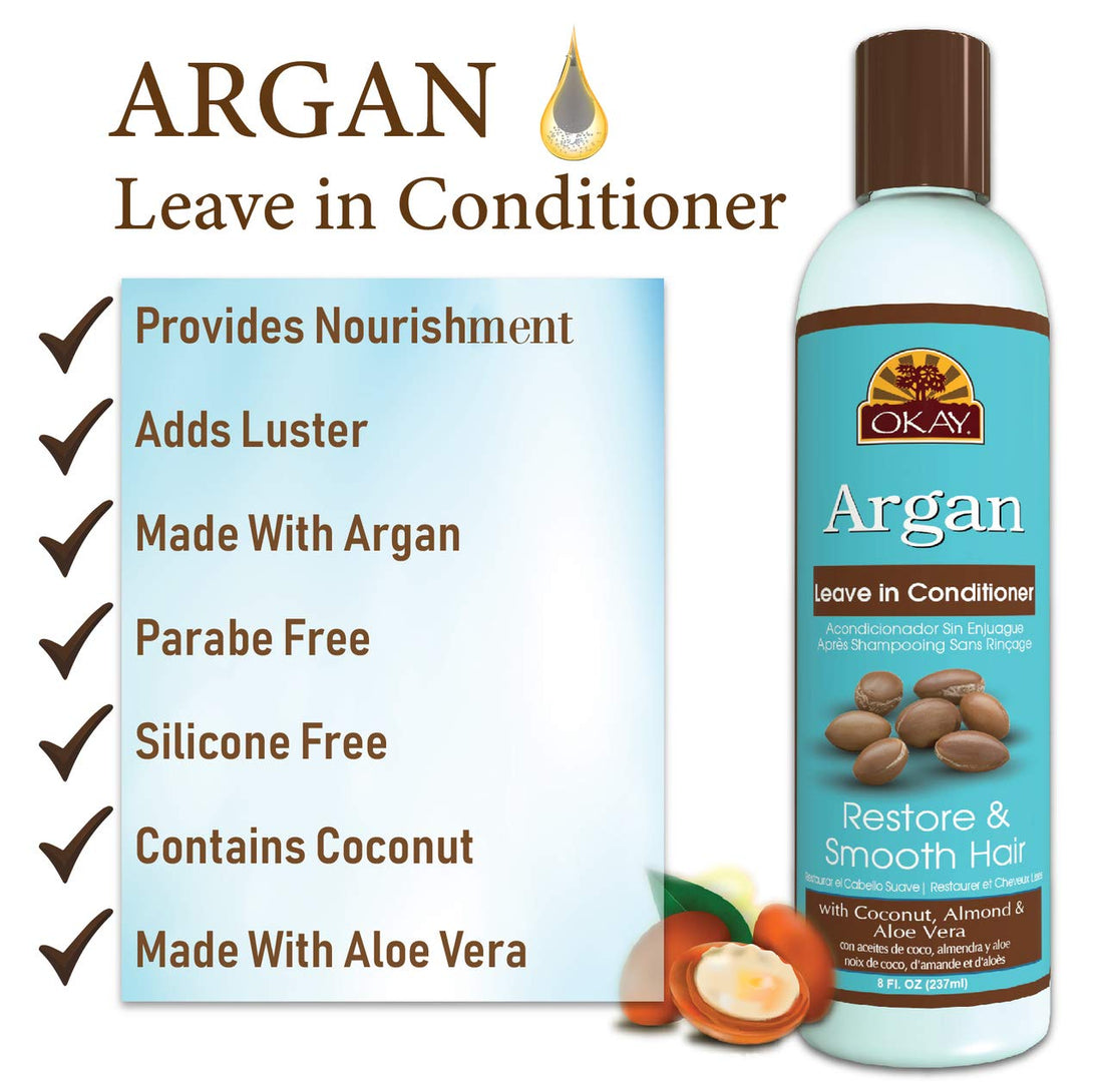 OKAY | Argan Leave In Conditioner | For All Hair Types & Textures | Restore, Hydrate & Smooth Hair | With Coconut, Almond, Aloe Vera | Free Of Parabens, Silicones, Sulfates | 8 Oz