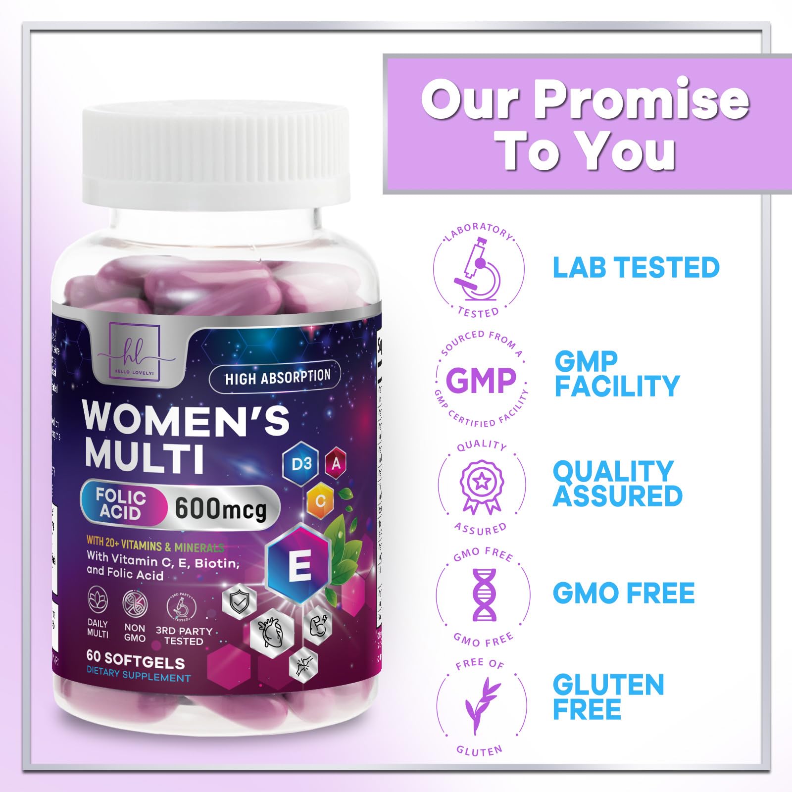 Womens Multivitamin - Once Daily Women's Multi with Vitamin A, B6, B12, C, D, Biotin, Folate, Iron & Zinc, Energy & Immune Health Support, Gluten-Free Complete Multivitamin for Women - 60 Softgels