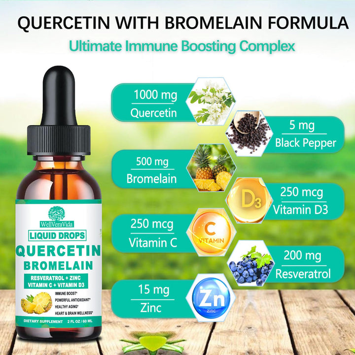 Quercetin with Bromelain Liquid Drops, 4X Stronger Than Capsules & Pills, 7-in-1 Organic Zinc Quercetin 1000mg with Bromelain 500mg Vitamin C D3 Immune Support for Respiratory Health & Antioxidant