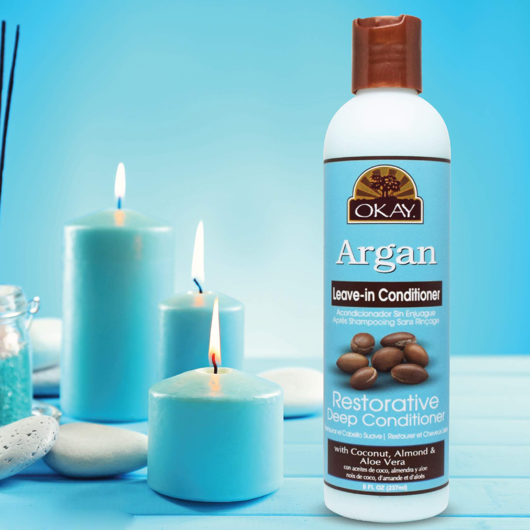 OKAY | Argan Leave In Conditioner | For All Hair Types & Textures | Restore, Hydrate & Smooth Hair | With Coconut, Almond, Aloe Vera | Free Of Parabens, Silicones, Sulfates | 8 Oz