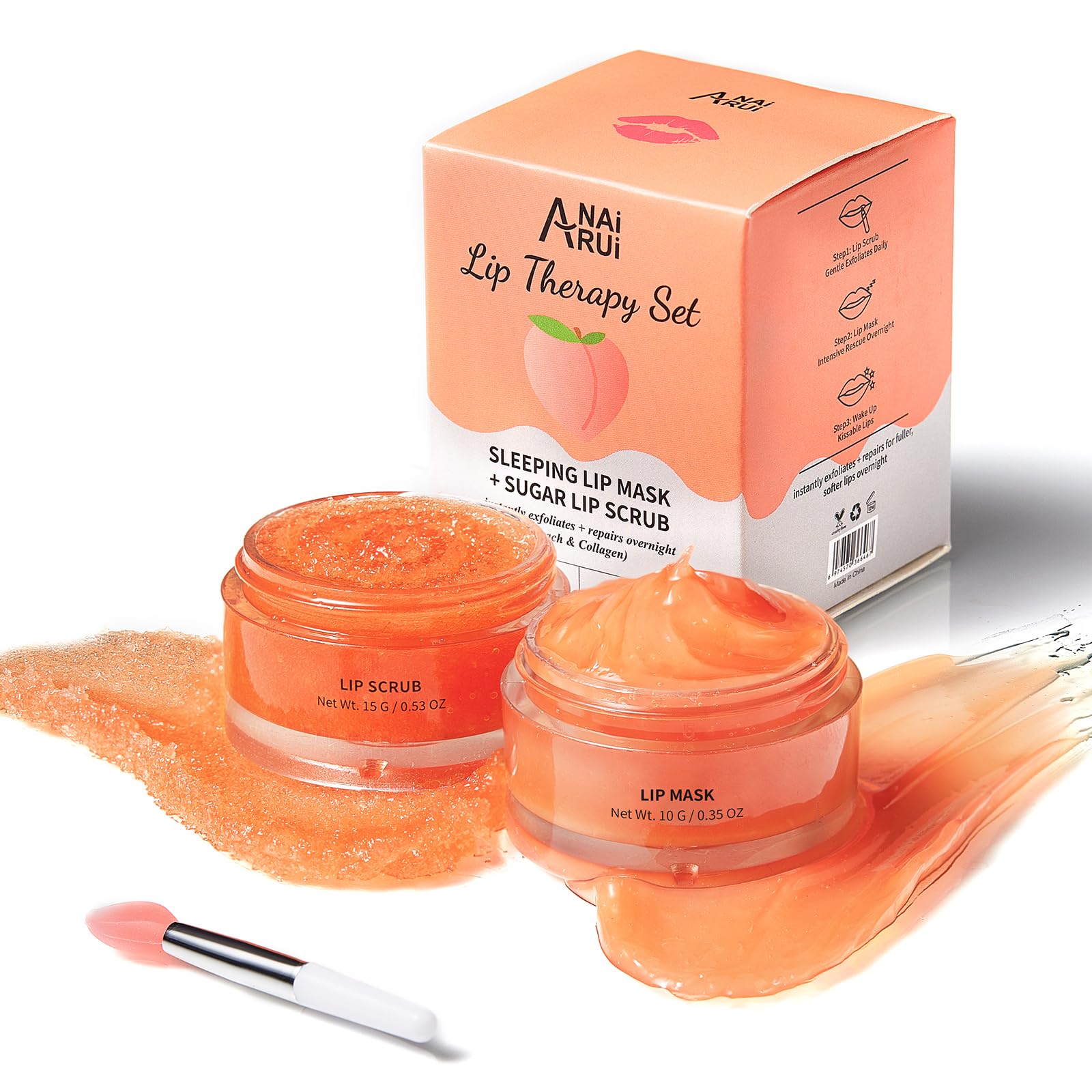 ANAI RUI Lip Mask & Lip Scrub Set, Lip Care Kit, Gift For Mother Girls, Overnight Lip Treatment with Lip Sleeping Mask & Sugar Lip Exfoliator Scrub, Lip Moisturizer for Dry, Chapped, Dark Lips, Peach