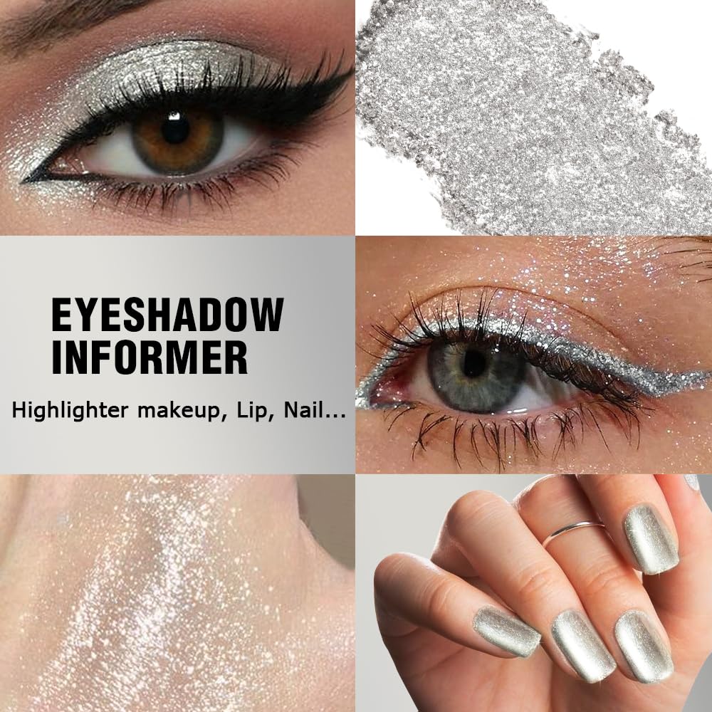 Afflano Silver Glitter Eyeshadow Palette Super Pigmented, Single Parkle Shimmer Silver Eyeshadow Palette, Long Lasting Blendable Neutral Eye Look, for All Skin Metallic Glitter Eyes Bling Makeup