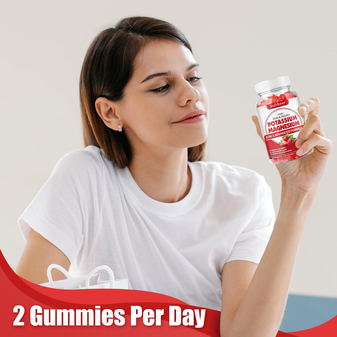 softbear Potassium Gummies for Adults, High Absorption Magnesium Potassium Supplement with Vitamin B6 for Leg Cramps & Muscle Health Sugar-Free Vegan Strawberry 60 Gummies