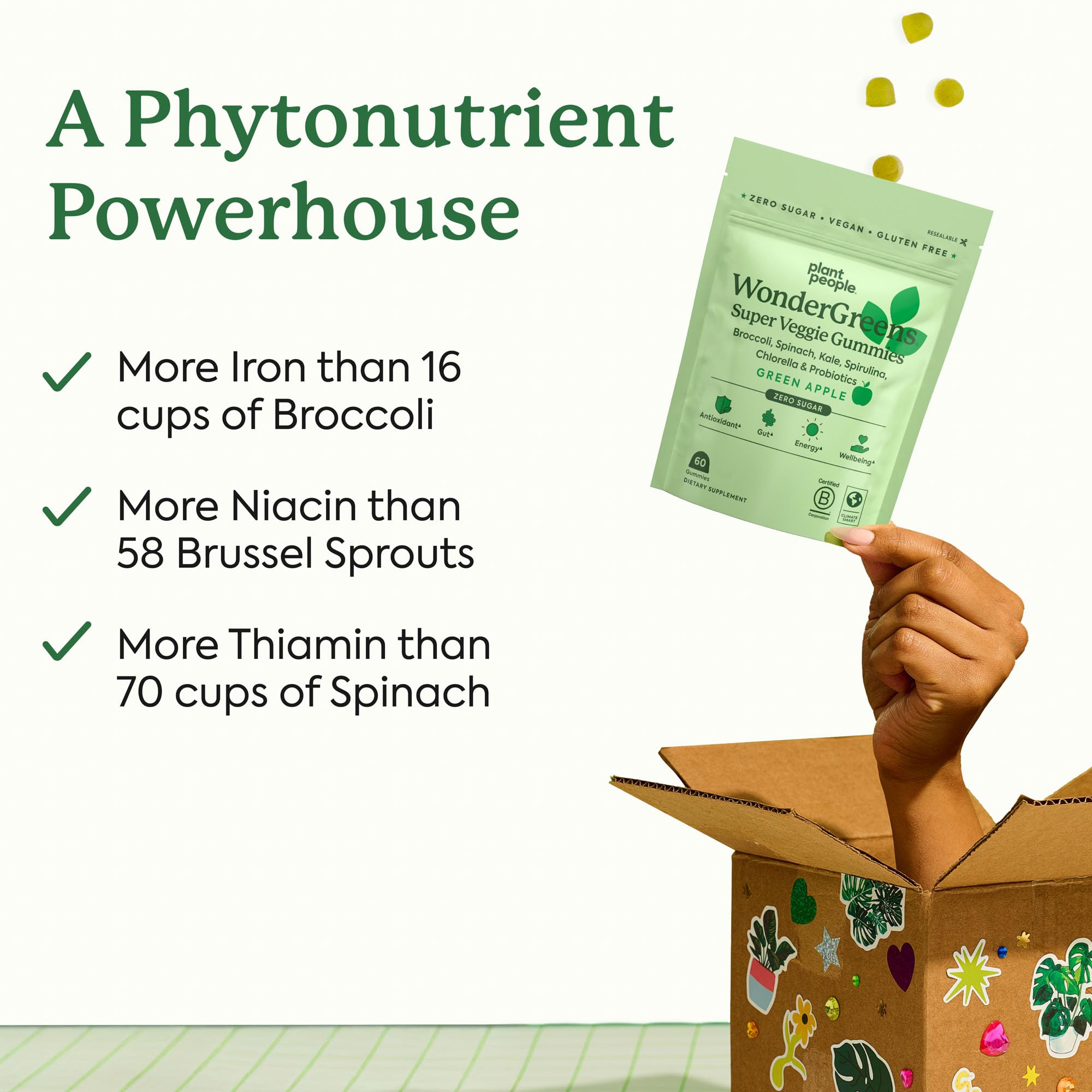 Plant People WonderGreens Veggie Gummies Super Greens with Probiotics Multivitamin Support Gummy for Wellbeing, Energy, Immune and Gut Health, Green Apple Flavor (60 Count)