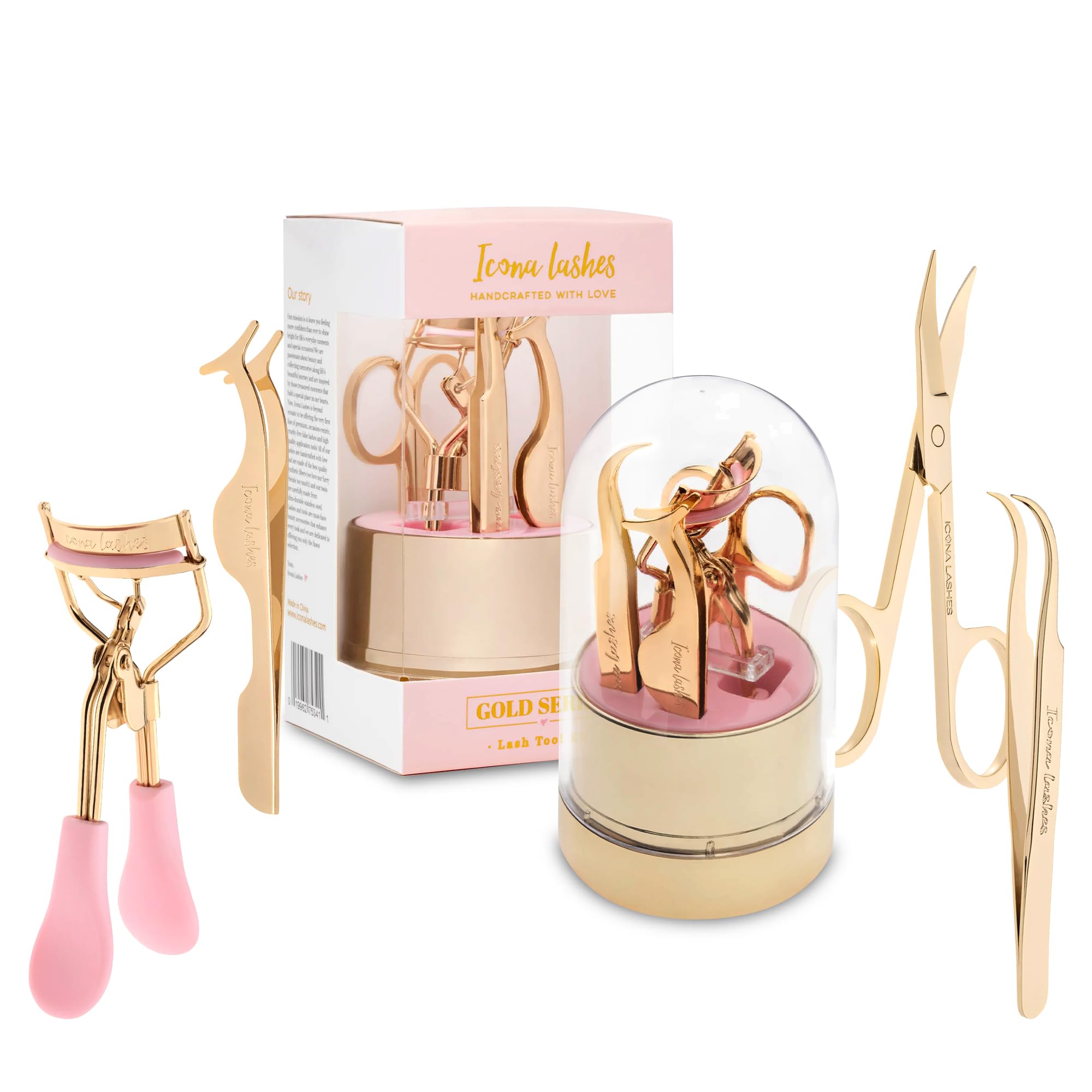 False Eyelash Tool Kit | Lash Applicator, Tweezers, Scissors & Lash Curler | 24k Gold Plated Surgical Grade Stainless Steel | 4 Tools, Beautifully Gift Boxed by Icona Lashes