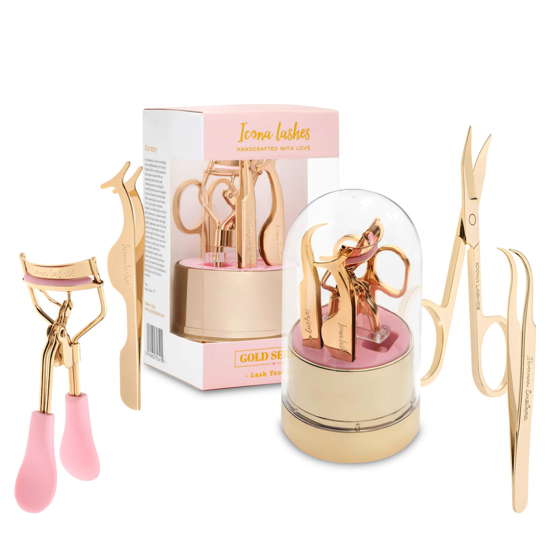 False Eyelash Tool Kit | Lash Applicator, Tweezers, Scissors & Lash Curler | 24k Gold Plated Surgical Grade Stainless Steel | 4 Tools, Beautifully Gift Boxed by Icona Lashes