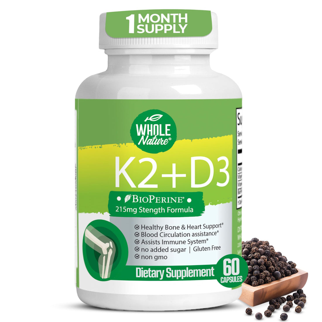 K2 D3 Vitamin Supplement with BioPerine - Vegan Calcium with Vitamins K and D - Advanced D3K2 VIT 5000 IU - 60 Vegan D3 Plus K2 MK-7 Complex Nutritional Capsules for Heart & Bone Health (1