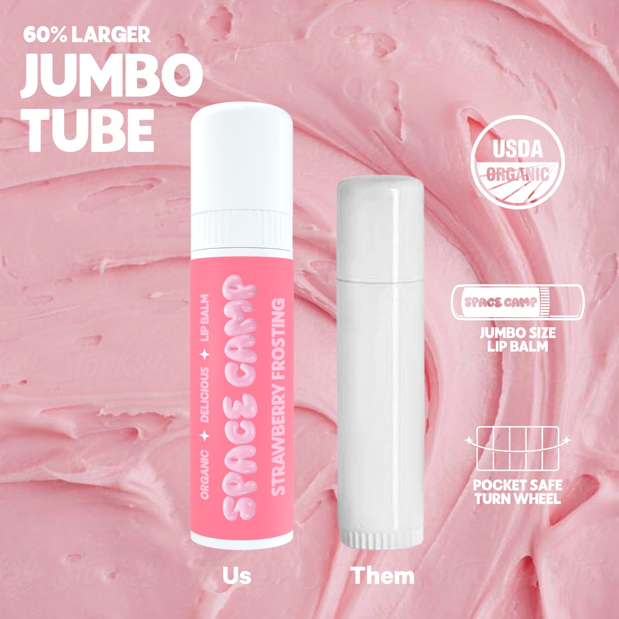 Space Camp Wellness Jumbo Lip Balm - Strawberry Frosting Organic Flavored Balm (2 Pack)