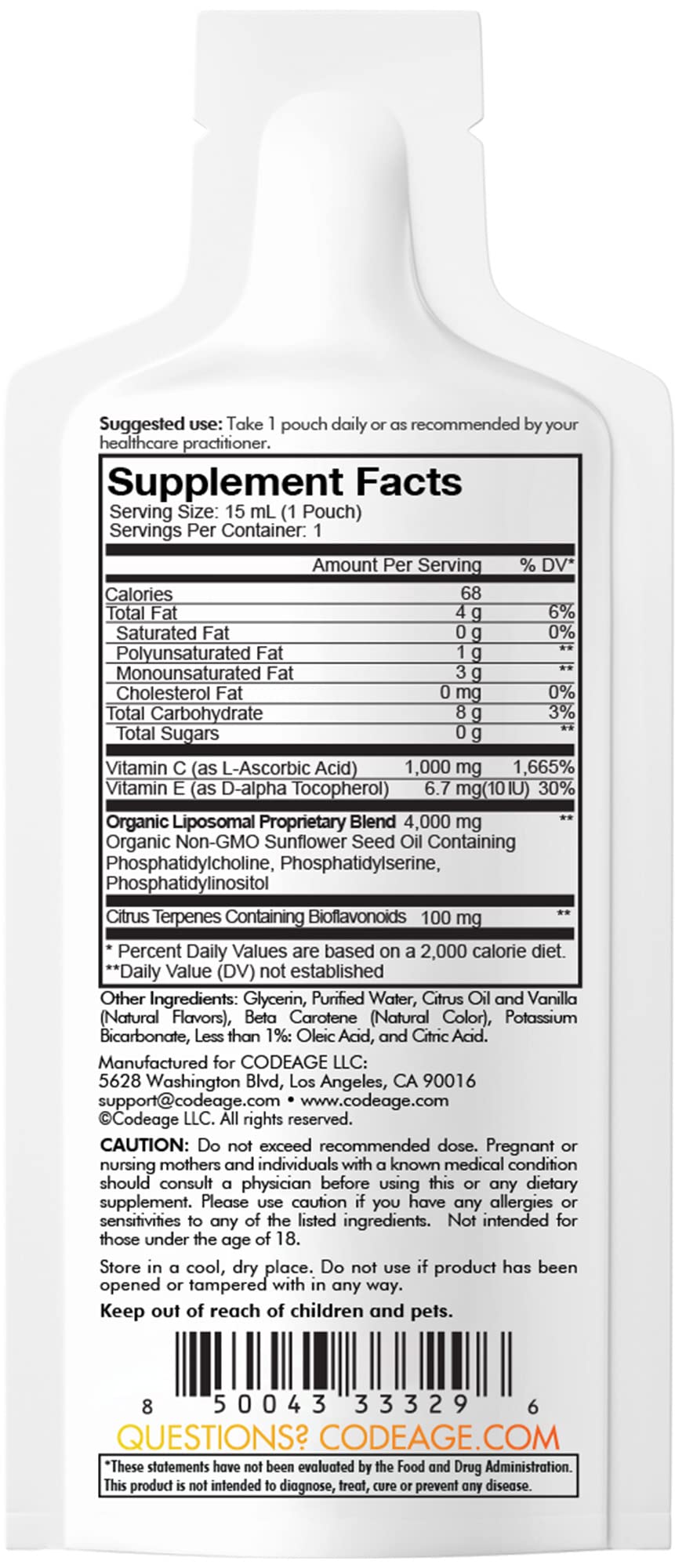 Codeage Liposomal Vitamin C Liquid 1000mg Vitamin C, 4000mg Essential Phospholipids, Supplement For Daily Immune Support, Liposomes For Absorption, Citrus Bioflavonoids, Vitamin E, Non-GMO, 32 Pouches