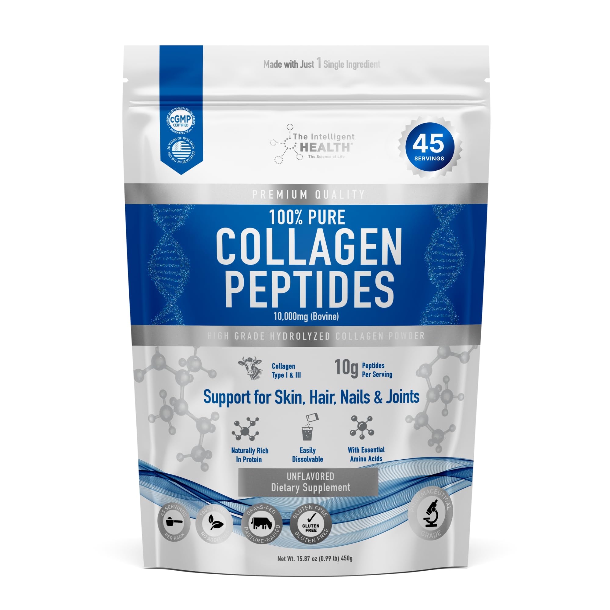 The Intelligent Health Hydrolyzed Collagen Peptides Powder, Grass Fed, High Protein, Unflavored, Gluten-Free, Paleo & Keto Friendly, 10g per Serving (450g) Supports Skin, Hair, Nails, Joints, & Bones