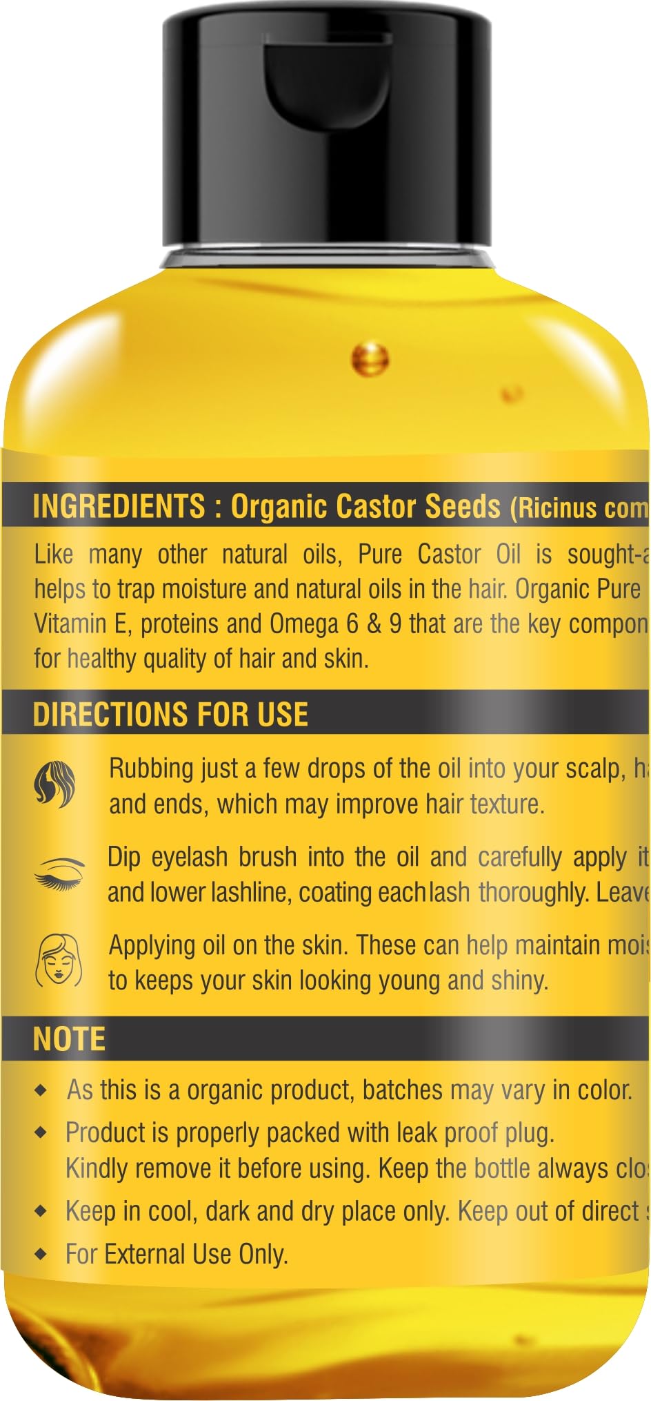 Organic Pure Castor Oil (10.15 floz/300 ml) USDA Certified Cold-Pressed, 100% Pure, No GMO, No Heat treatment, Hexane Free Moisturizing & Healing, For Dry Skin,Hair Growth, Massage, Lash Growth