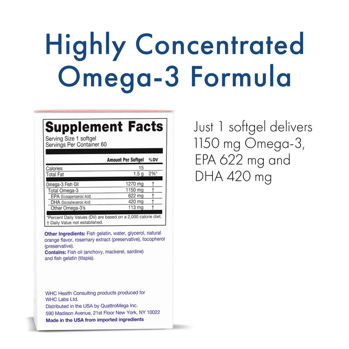 WHC, UnoCardio X2 Fish Oil, Triglyceride Omega-3 Fatty acids, 1270 mg Fish Oil Supplement (622 mg EPA / 420 mg DHA/Total 1150 mg of Omega-3 per Serving), Natural Orange, 60 softgels
