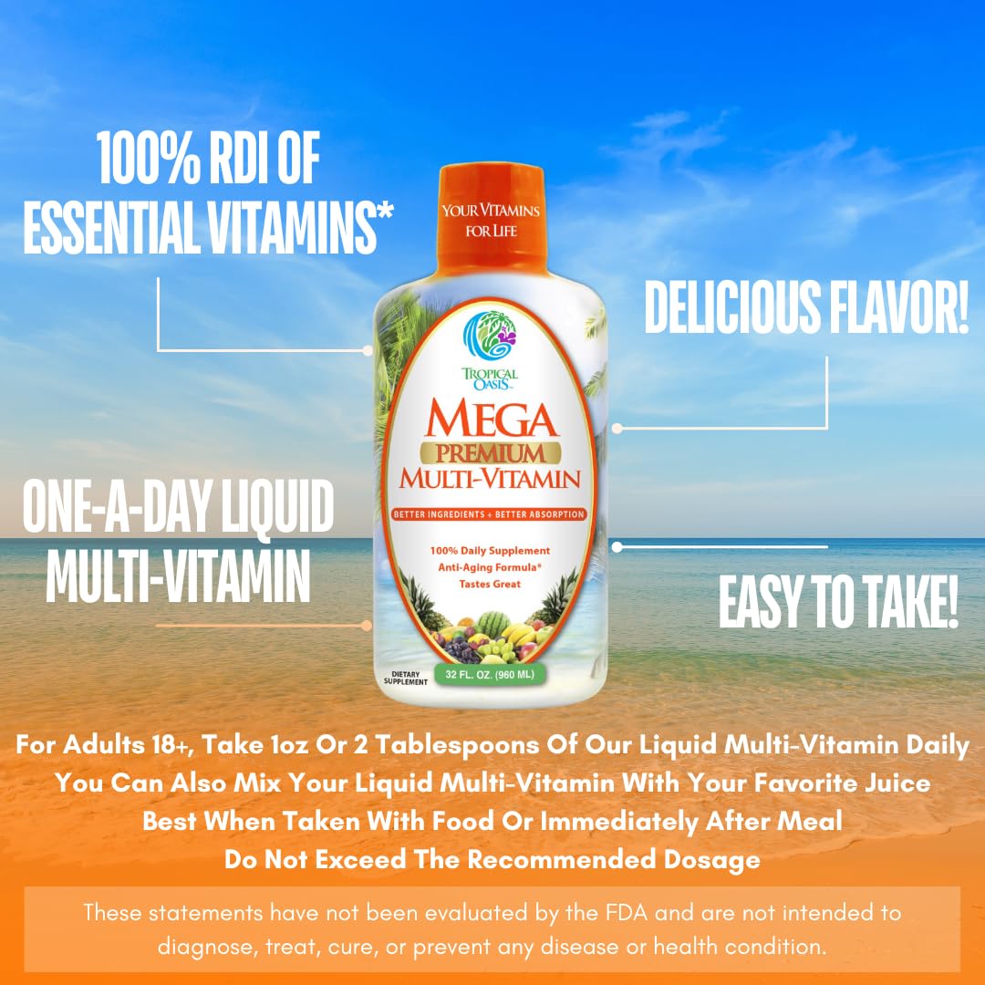 Mega Premium Liquid Multivitamin | Natural Immune Support Vitamin w/ 1333% Vitamin C, 200% D3, Zinc + 20 Vitamins, 70 Minerals, & 21 Amino Acids | Sugar Free | Orange Flavor | 98% Absorption | 32 Serv