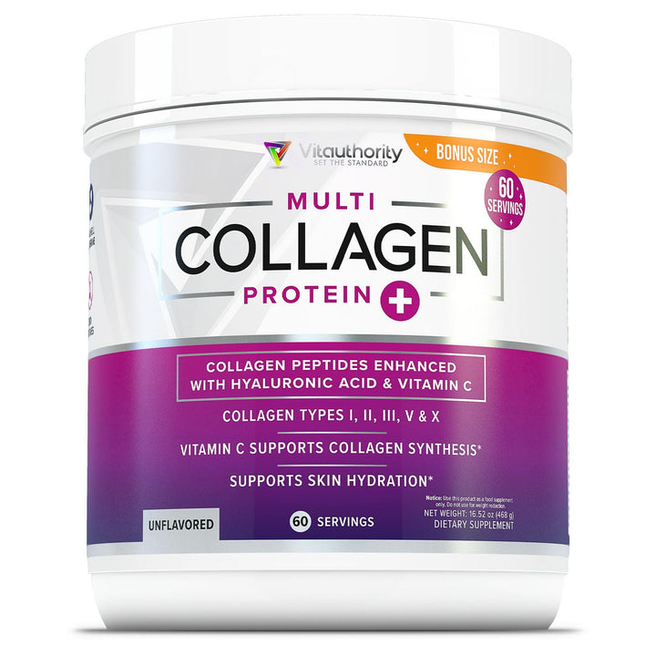 Multi Collagen Peptides Plus Hyaluronic Acid and Vitamin C Hydrolyzed Collagen Proteins Types I II III V and X 60 Servings Unflavored