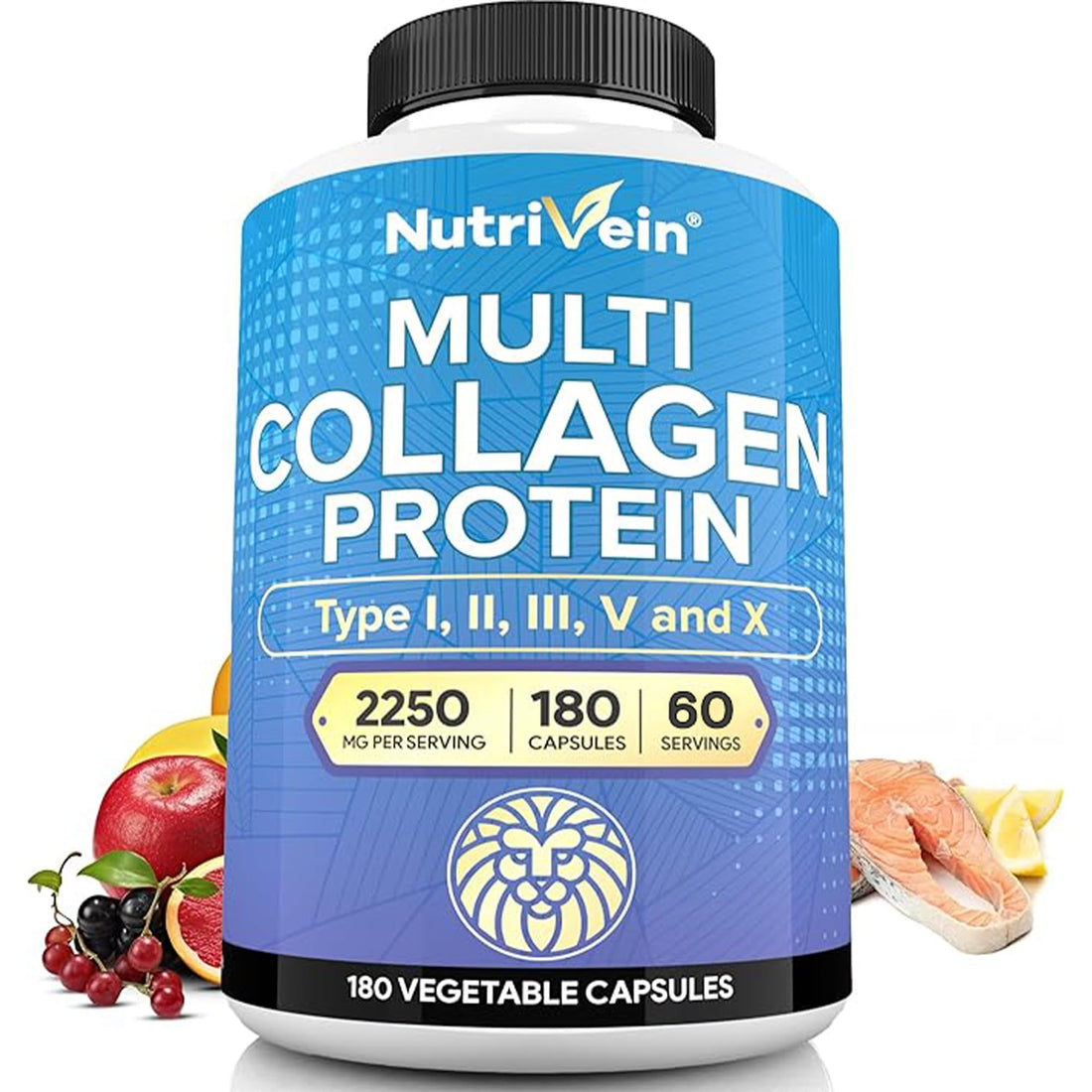 Nutrivein Multi Collagen Pills 2250mg - 180 Collagen Capsules - Type I, II, III, V, X, Anti-Aging, Healthy Joints, Hair, Skin, Bones, Nails, Hydrolyzed Protein Peptides for Woman and Men