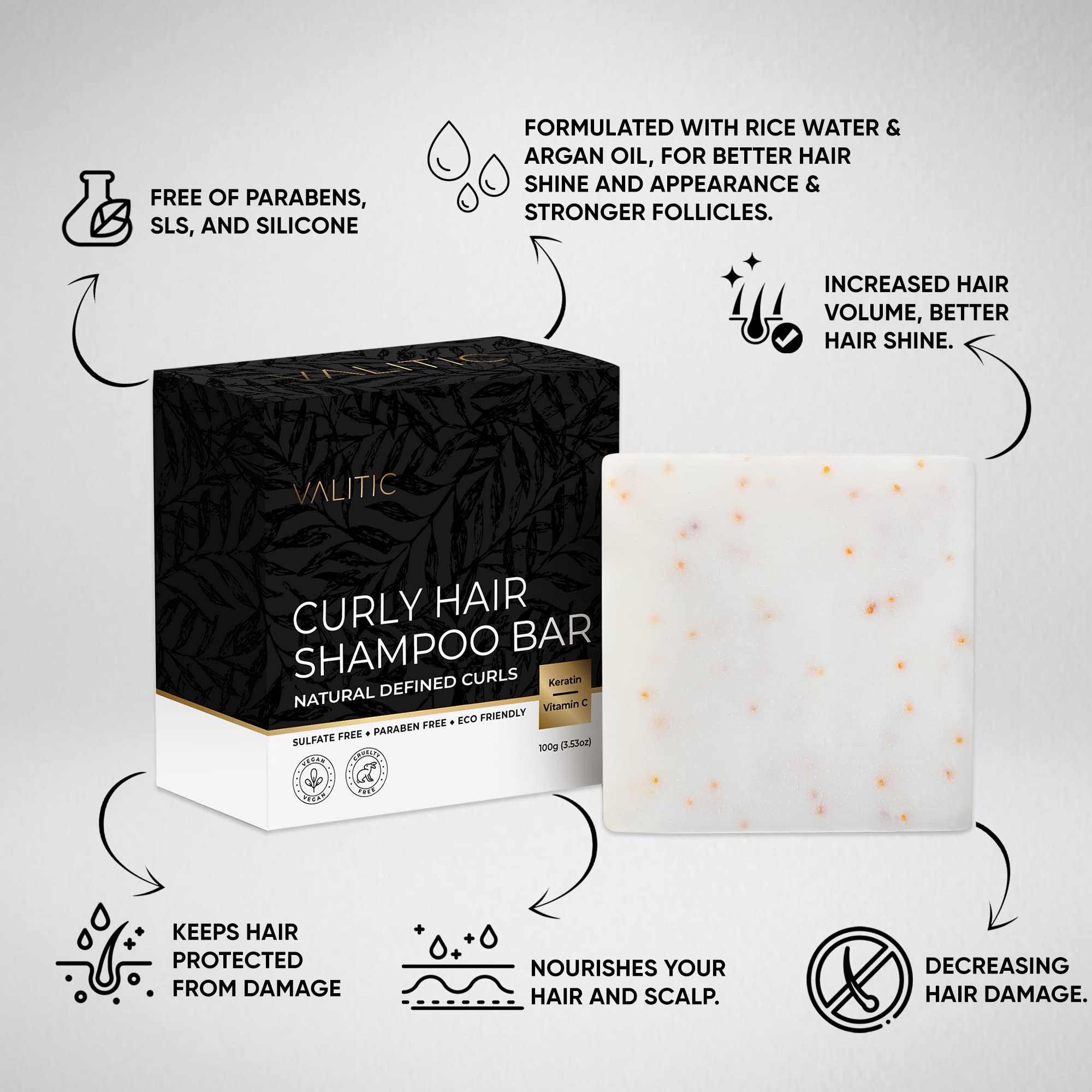 VALITIC Curly Hair Shampoo Bar - Sustainable Solid Shampoo for Hair Strengthening, Made with Rice Water, Vitamin C, Argan and Keratin - Define Natural Waves - Paraben Free, Sulfate Free, Vegan
