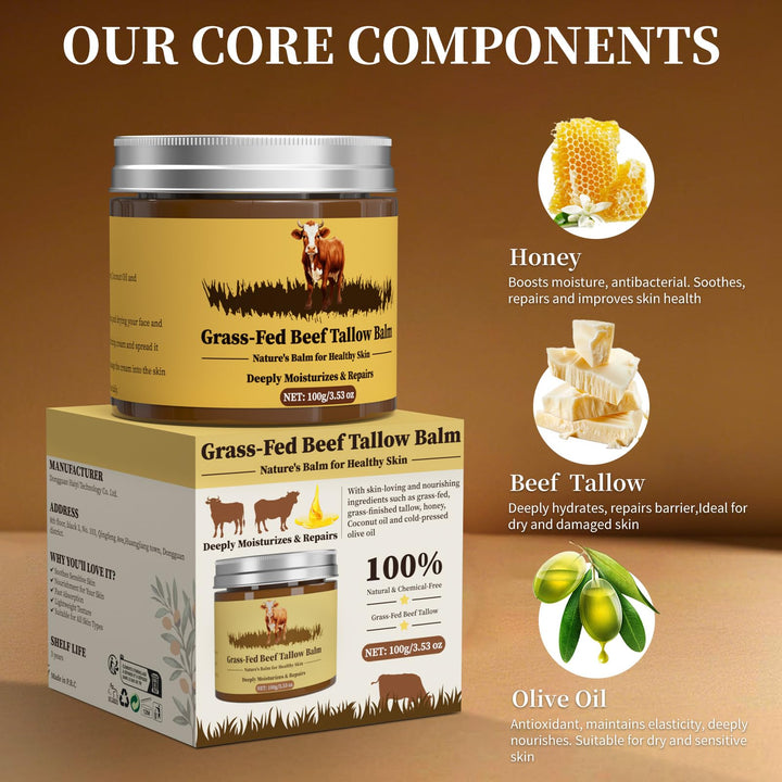 Oebitor Beef Tallow for Skin, Tallow and Honey Balm, Facial Moisturizer Cream, 100% Organic Grass Fed Whipped Beef Tallow Balm Deeply Moisturizing for Face & Body, Suitable For All Skin Types(3.53oz)