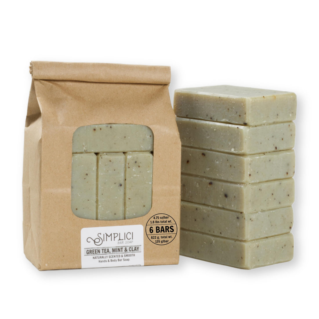 Simplici Green Tea, Mint & Clay Natural Soap (smooth + pure essential oils) 6 Bar Value Bag. Palm Free