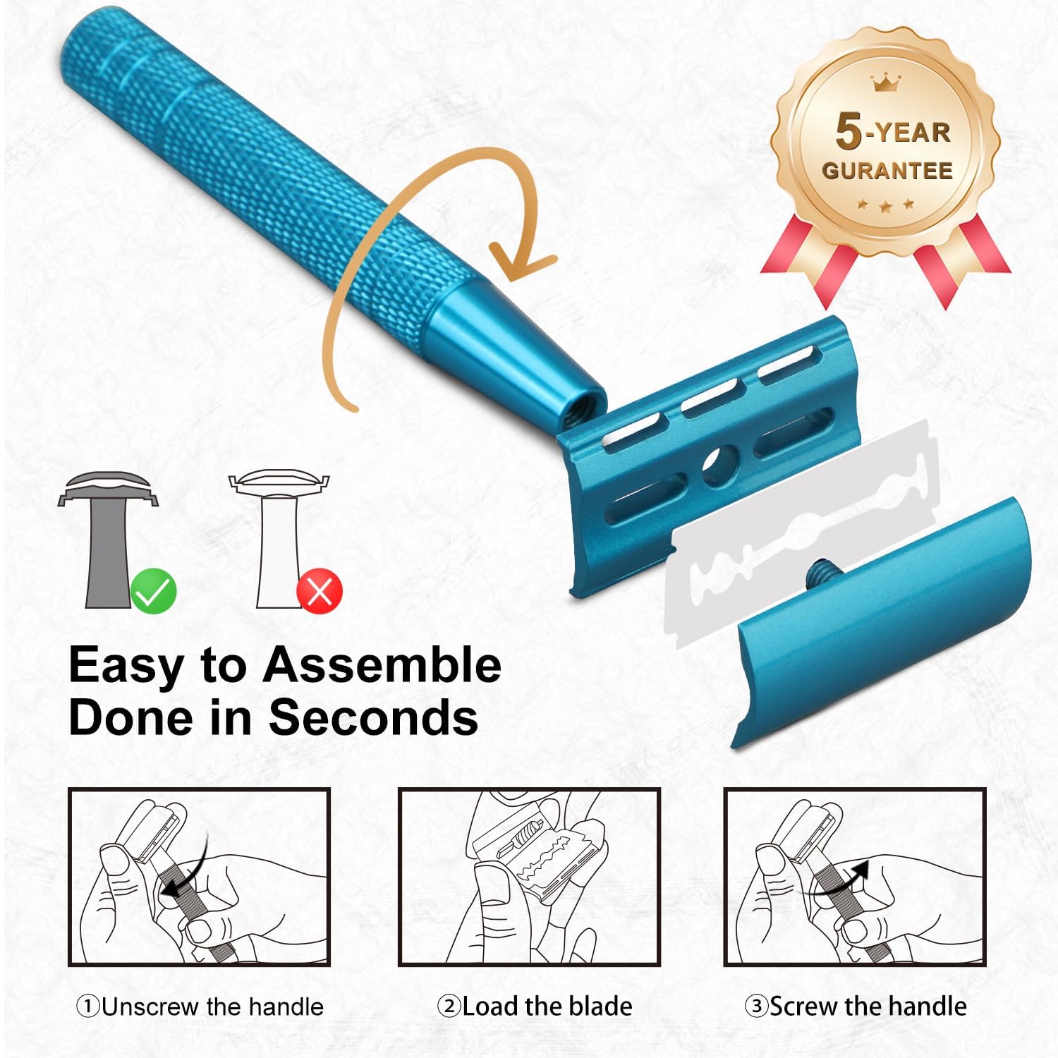 Double Edge Safety Razor, Single Blade Razors for Men and Women, with 10 Stainless Steel Safety Razor Blades, Smooth and Close Wet Shaving, Plastic Free, Blue