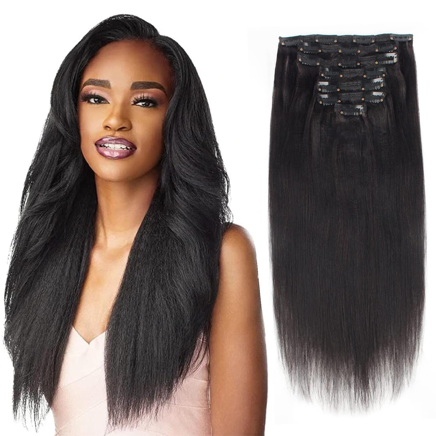 Lovrio 9A Yaki Straight Real Remy Thick 100% Clip in Human Extensions Natural Color Full Head Brazilian Virgin Hair for Black Women 7 Pieces 120g, YK 16