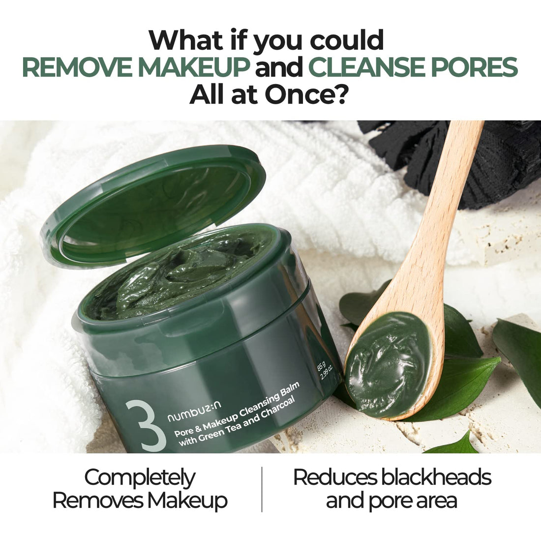 numbuzin No.3 Pore & Makeup Cleansing Balm with Green Tea and Charcoal | Quick & Easy Cleansing, Reduces Blackheads, No Fragrance, 2.99 oz