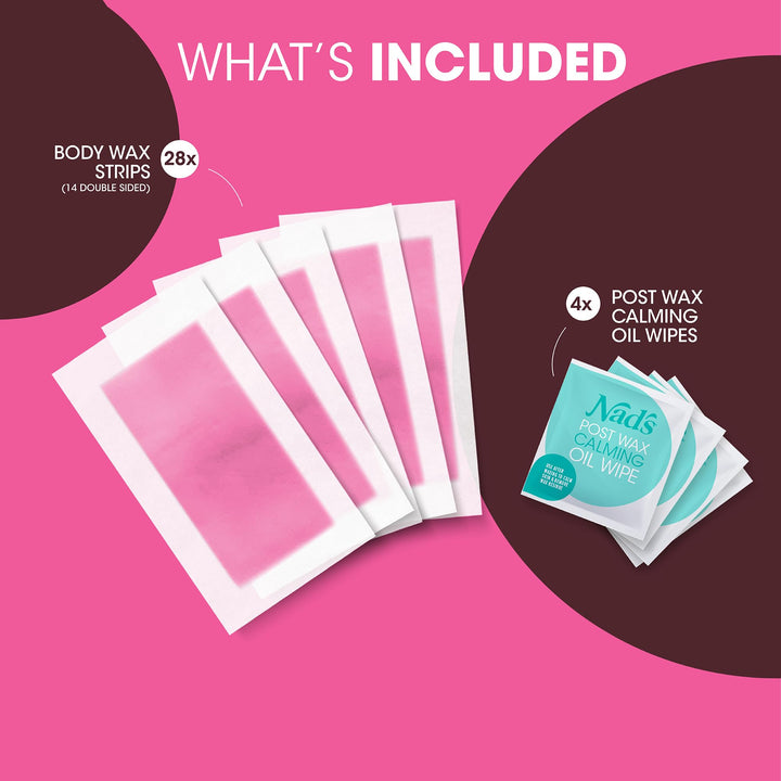 Nad’s Body Wax Strips for Sensitive Skin, Hair Removal for Sensitive Skin, Hypoallergenic, Includes 28 Waxing Strips & 2 Post Wax Calming Oil Wipes