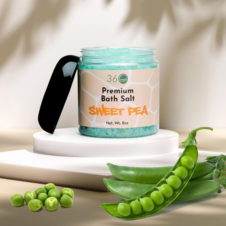 360Feel Sweet Pea Natural Bath Salt - Pure & Natural Body Scrub - Detox, Exfoliate, & Moisturize with Pure Ingredients - Alcohol & Sulfate Free Bath Soak - 8 Oz Jar