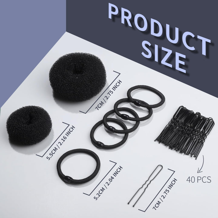 FANDAMEI Hair Bun Makers: Small & Extra Small Donut & Ballet Buns for Kids with Elastic Ties & Pins (Black)