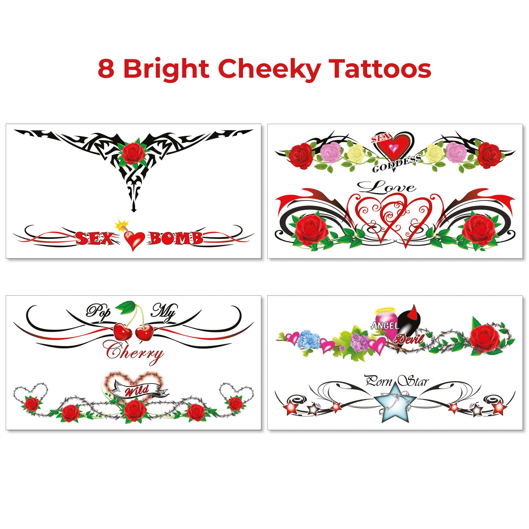 Sovereign-Gear 8 Extra Large Sexy Naughty Temporary Tattoos for Women Ladies - Adult Fun for Lower Back Legs Arms Stomach