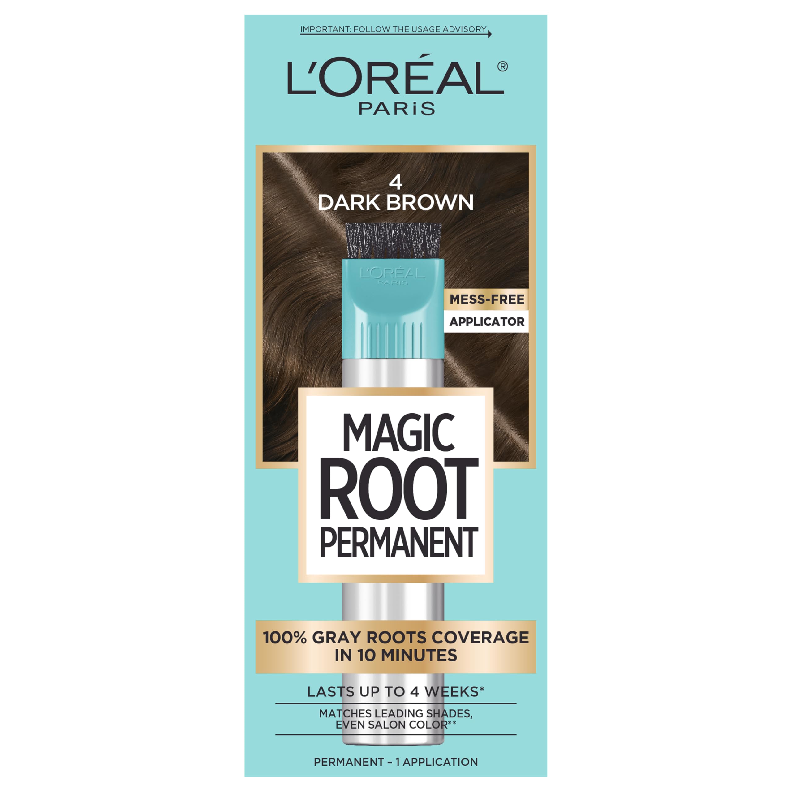 L’Oreal Paris Magic Root Rescue 10 Minute Root Hair Coloring Kit, Permanent Color with Quick Precision Applicator, 100 percent Gray Coverage, 4 Dark Brown, 1 kit (Packaging May Vary)