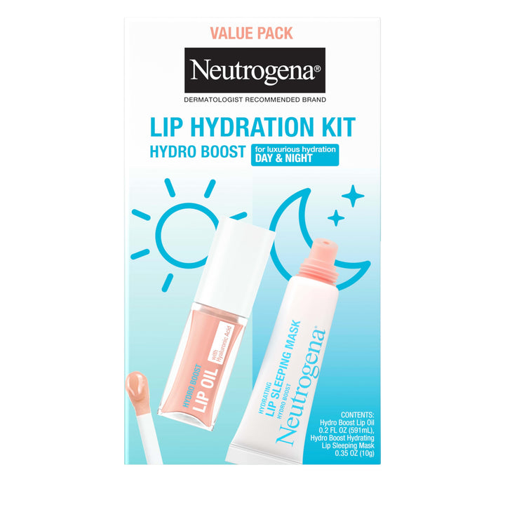 Neutrogena Hydro Boost Lip Hydration Kit with Light Pink Tinted Lip Oil and Clear Overnight Lip Sleeping Mask, Both with Hyaluronic Acid Designed to Nourish & Hydrate Day & Night, 2 items