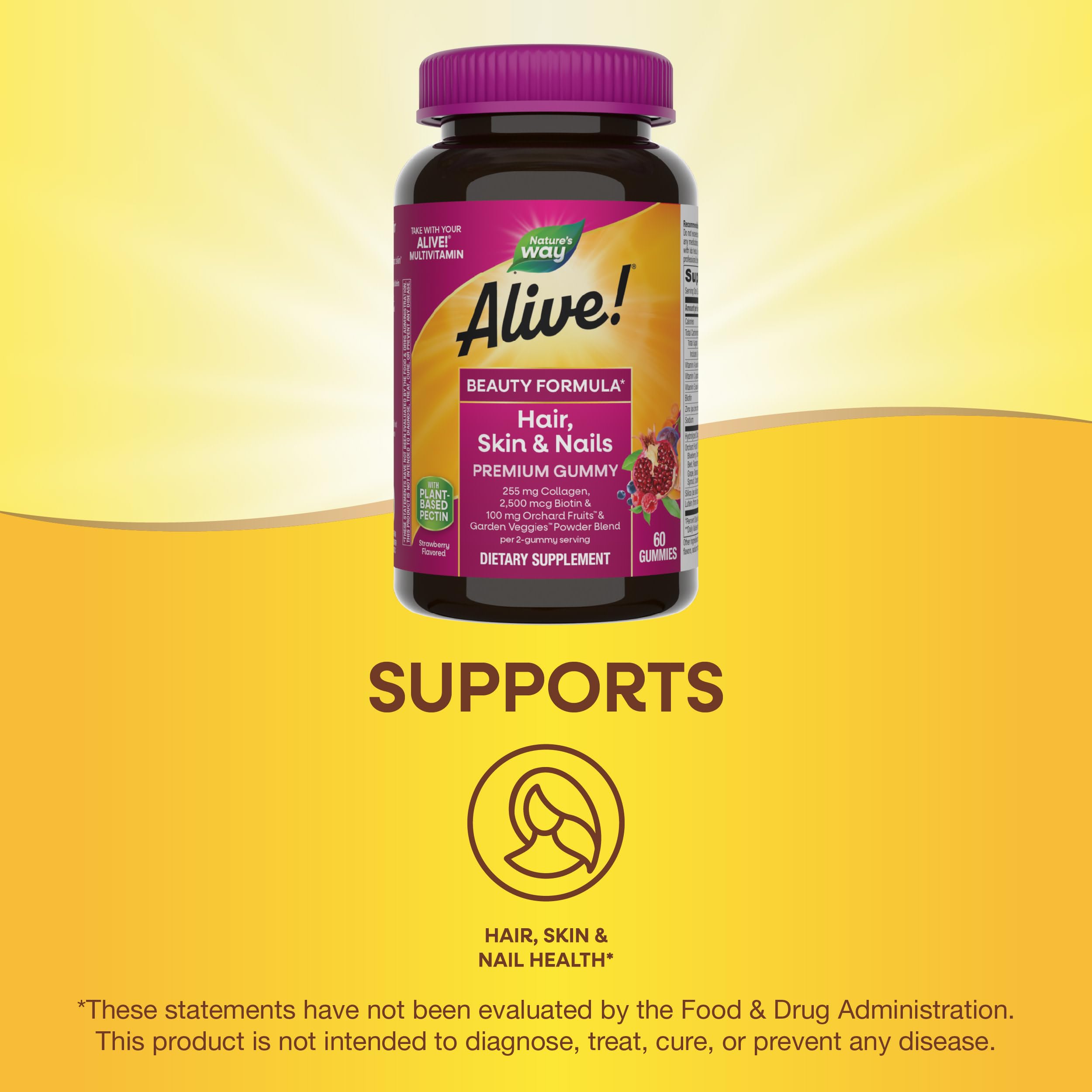 Nature's Way Alive! Hair, Skin & Nails Premium Gummies, Beauty Formula*, with Collagen, Biotin, Vitamins C & E, Strawberry Flavored, 60 Gummies (Packaging May Vary)