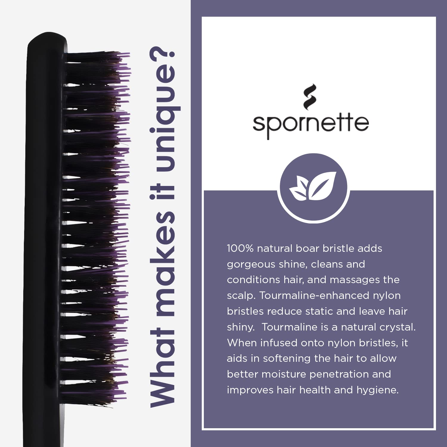 Spornette Little Wonder Teasing Brush, Boar & Tourmaline Nylon Bristles - Tapered Handle for Back Brushing & Combing, Creating Volume, Teasing, & Slicking Hair for Updos (Purple)