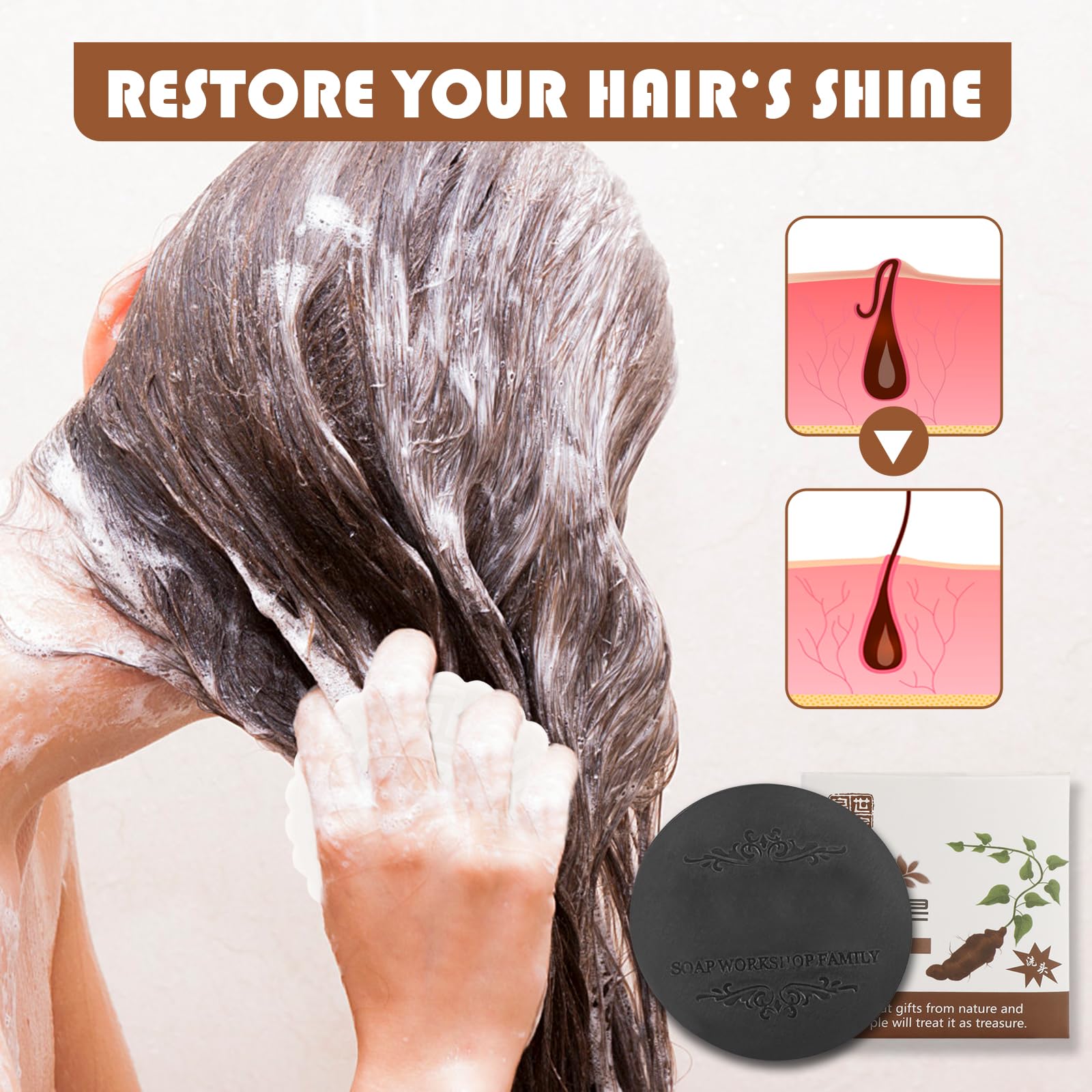 Fallopia Multiflora Shampoo Bar 3PCS for Black & Thick Hair, He Shou Wu Shampoo Soap, Deeply Cleanses the Scalp/Hair, Promotes Growth and Prevents Hair Loss