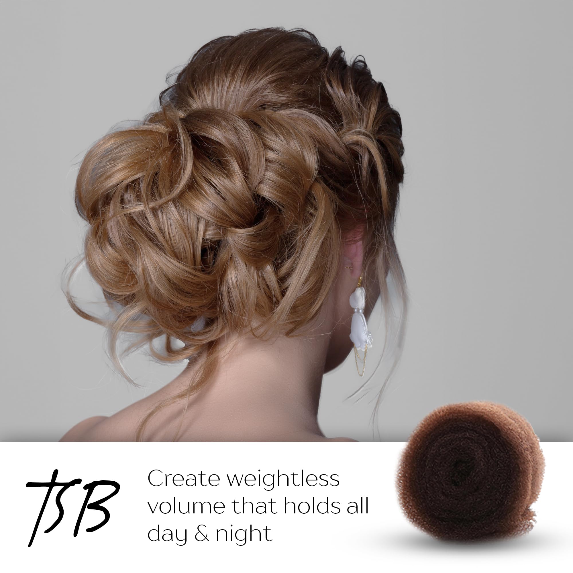 TSB Hair Filler, Brown, 1 Pack - Patent Pending Hair Filler - Ultimate Hair Bun Maker, Volume Hair Bumps Tool - Perfect for Brides, Performers - Non-Irritating, All-Day Hold