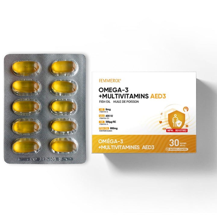 FEMMEROL Multivitamins with Omega-3, Multivitamin for Women and Men, Enteric Coated Fish Oil DHA/EPA with Vitamin A, Vitamin E and Vitamin D3 for Immune Function Support (1 Box_30 Softgels)