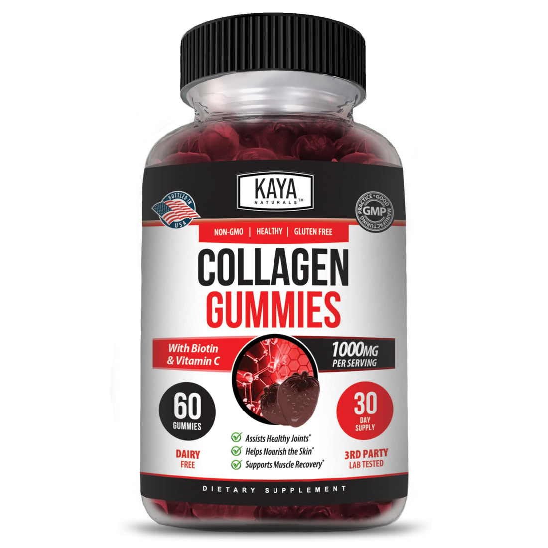 Kaya Naturals Collagen Gummies for Men & Women Supplement | Nature Made Gummies - 1000mg of Hydrolyzed Collagen, Vitamin C, Selenium & Biotin, Strawberry Flavor - 60 Count Gummies