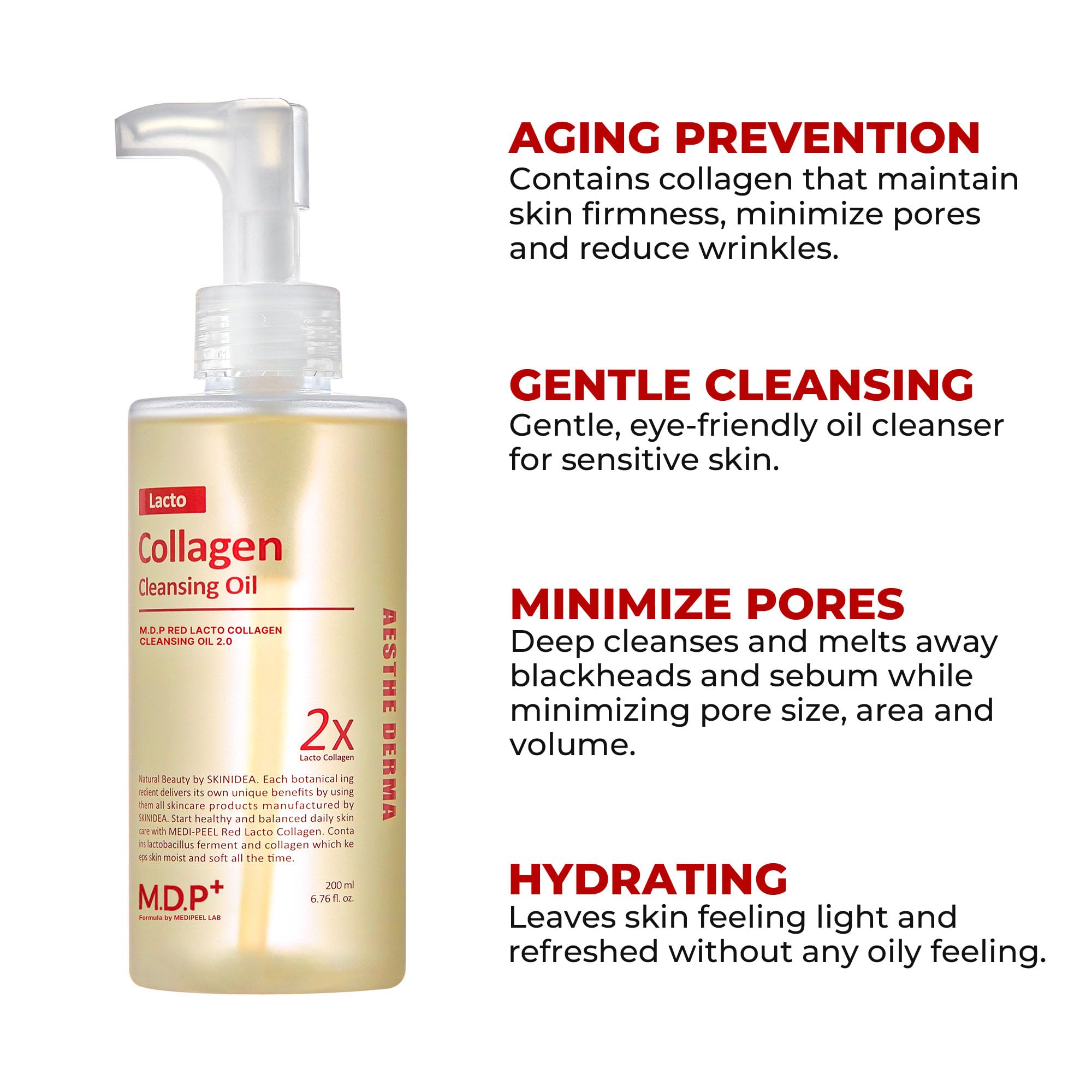 MDP+ RED LACTO COLLAGEN CLEANSING OIL 2.0, Pore Control, Deep Cleansing|6.76oz/200ml,Daily Makeup Remover, Blackhead Melting, Pore Cleanser, Korean Facial Cleanser