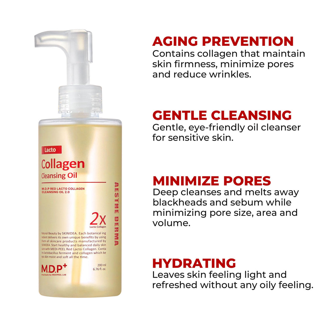 MDP+ RED LACTO COLLAGEN CLEANSING OIL 2.0, Pore Control, Deep Cleansing|6.76oz/200ml,Daily Makeup Remover, Blackhead Melting, Pore Cleanser, Korean Facial Cleanser
